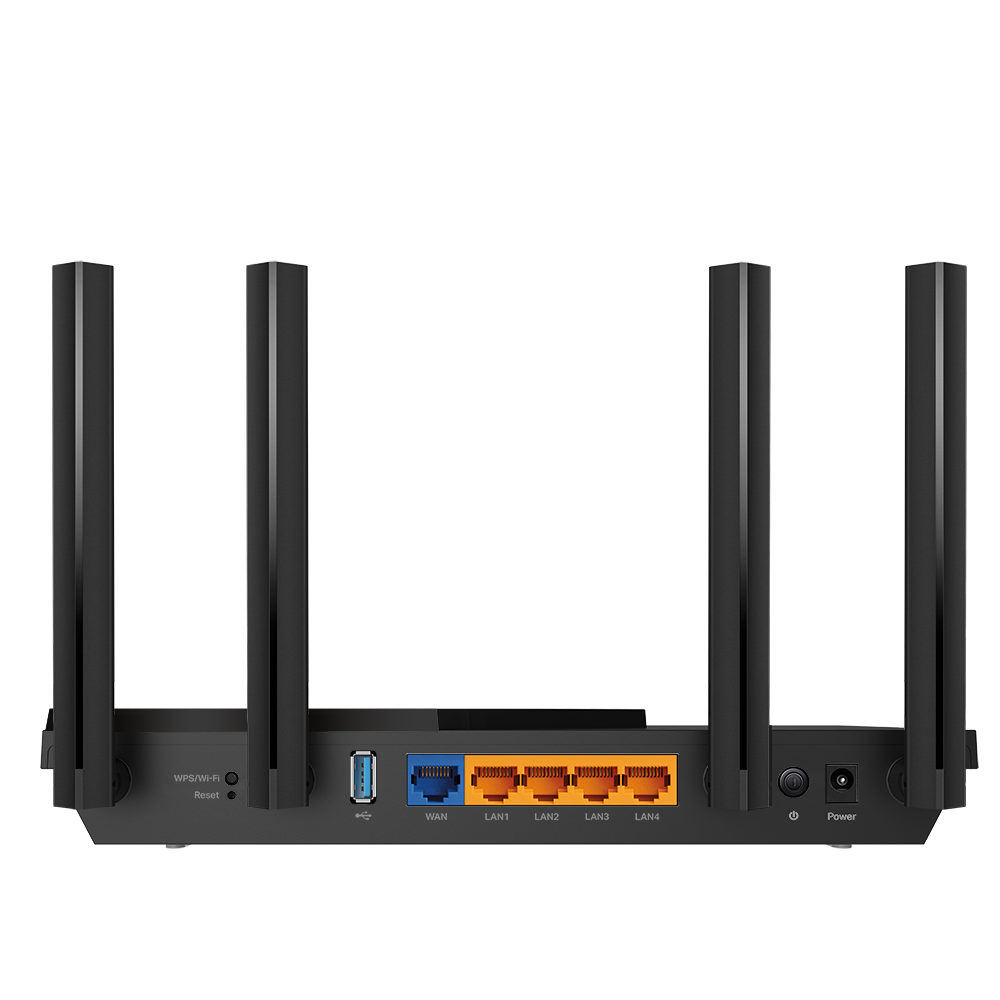 TP-Link Archer AX55 — rear view showing ports, dark background