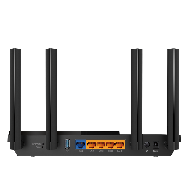 TP-Link Archer AX55 — rear view showing ports, dark background