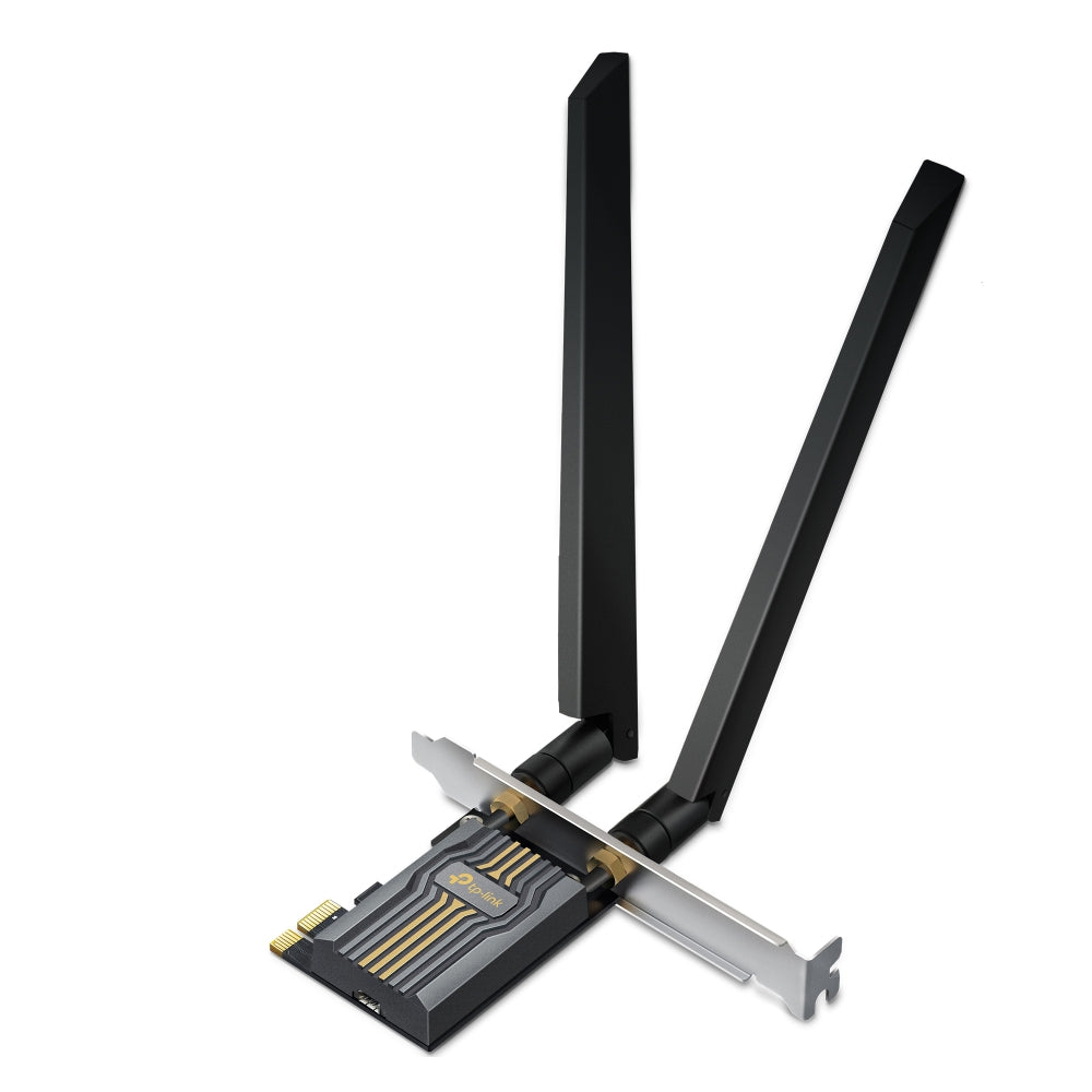 TP-Link Archer TBE400E BE6500 Tri-Band Wi-Fi 7 Bluetooth PCI Express Adapter — product view, PCIe card and antennas