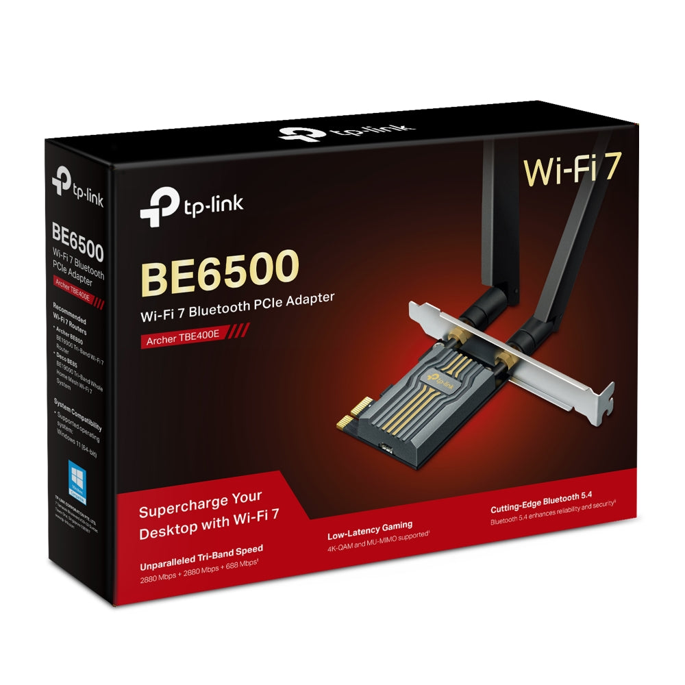 TP-Link Archer TBE400E BE6500 Tri-Band Wi-Fi 7 Bluetooth PCI Express Adapter — packaging