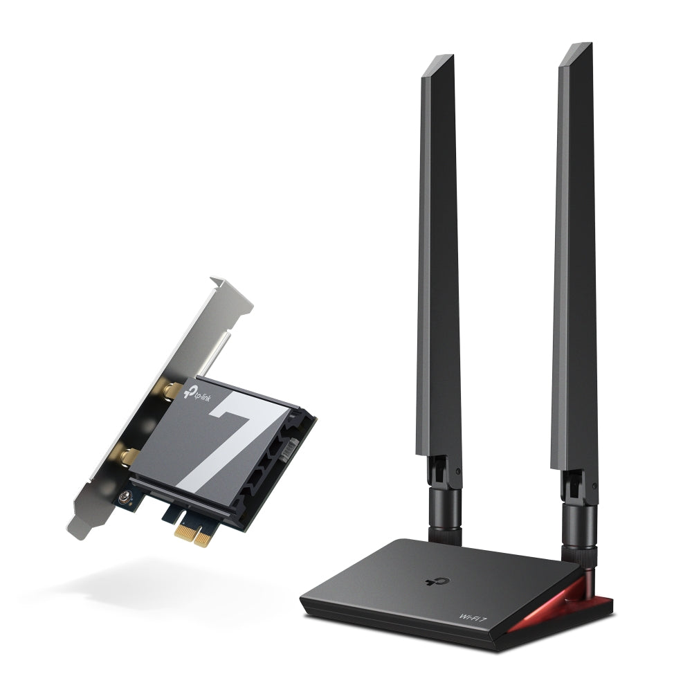 TP-Link Archer TBE550E BE9300 Wi-Fi 7 Bluetooth PCIe Adapter — product view, PCIe card and antenna base