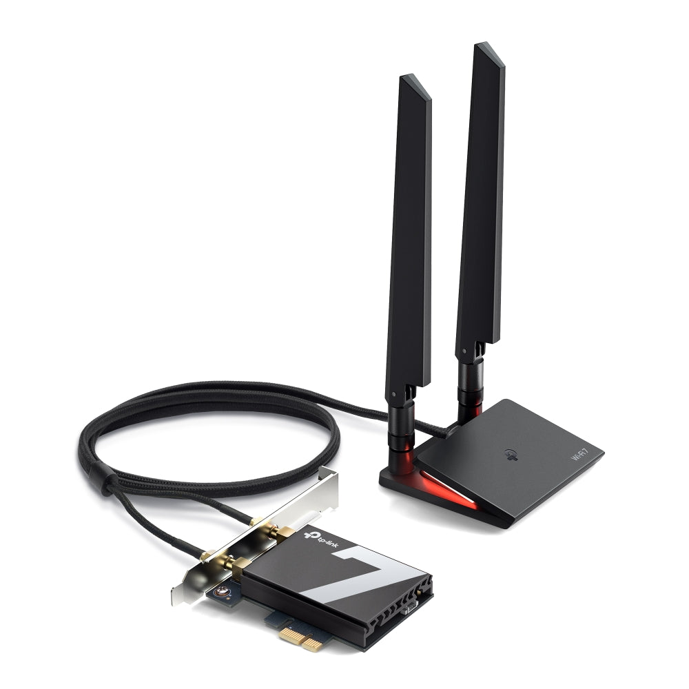 TP-Link Archer TBE550E BE9300 Wi-Fi 7 Bluetooth PCIe Adapter — product view, cable-connected antenna base with LED
