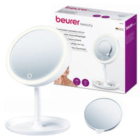 Beurer BS 45 Illuminated Cosmetics Mirror retail packaging box, matte white with magnetic mini mirror