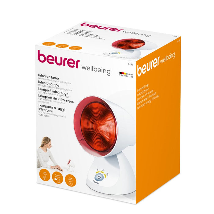 Beurer IL 35 Infrared Lamp retail packaging box, automatic switch-off function