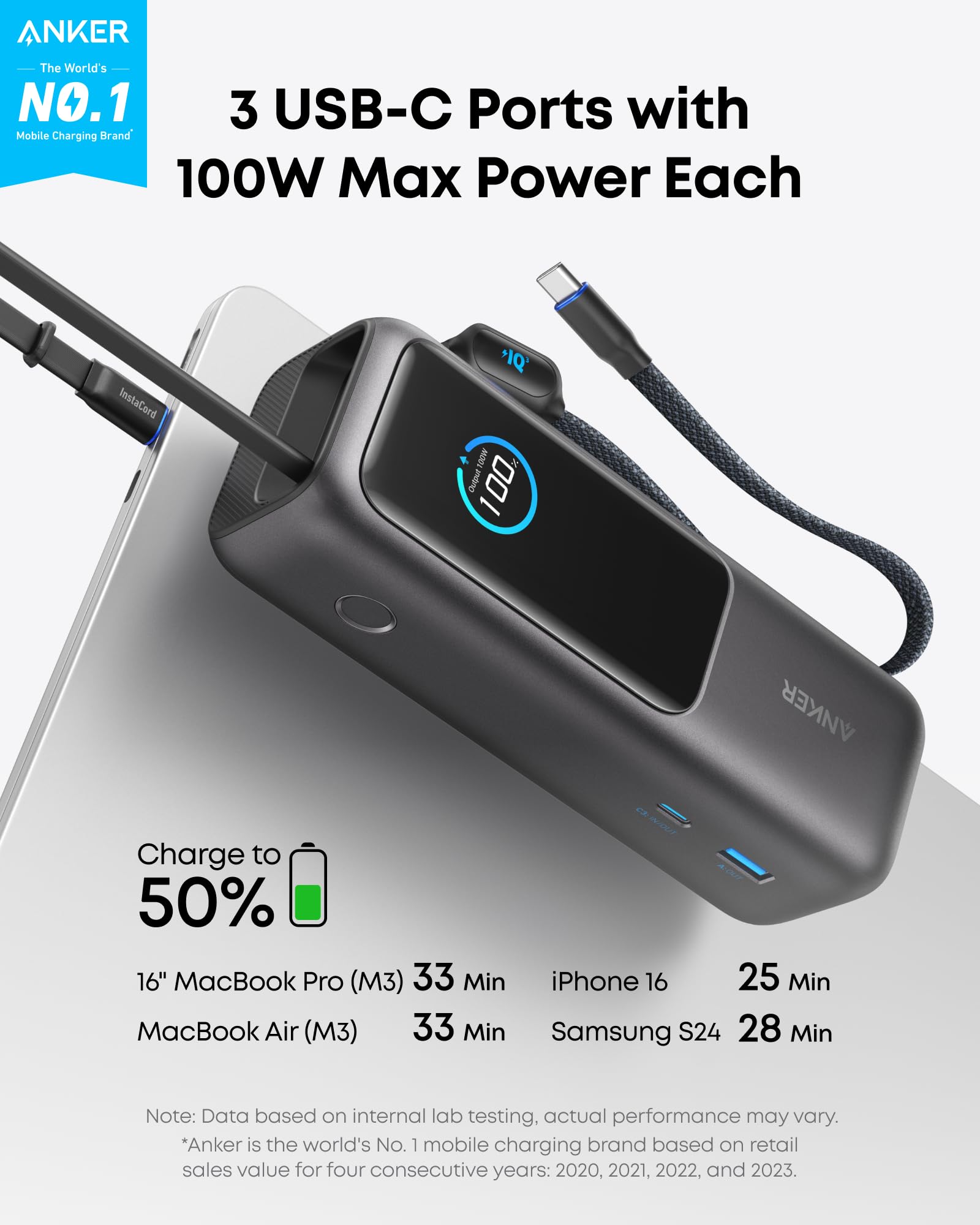Anker 25K 165W Power Bank with Built-In USB-C & Retractable Cable, Black - official product image