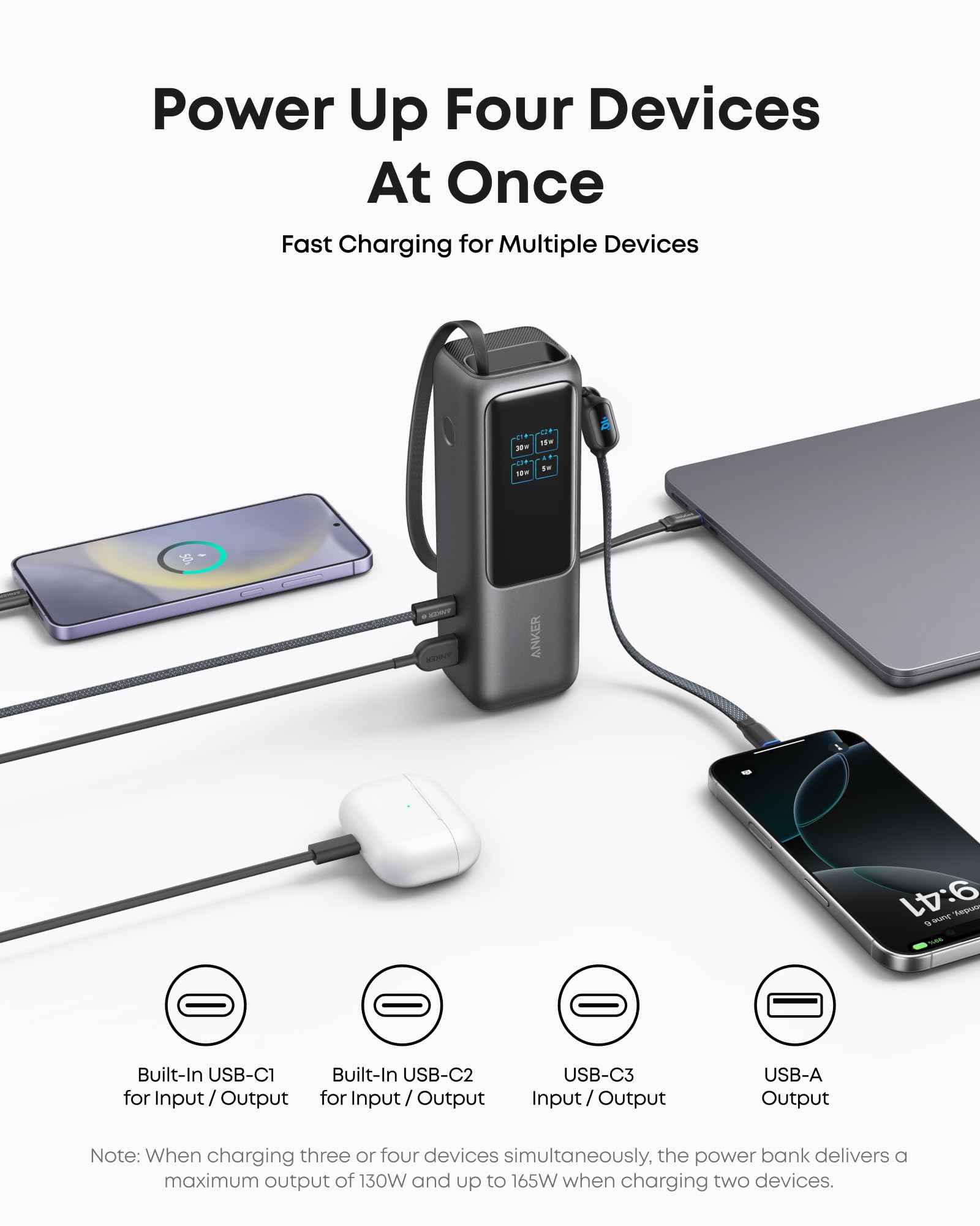 Anker 25K 165W Power Bank with Built-In USB-C & Retractable Cable, Black - official product image