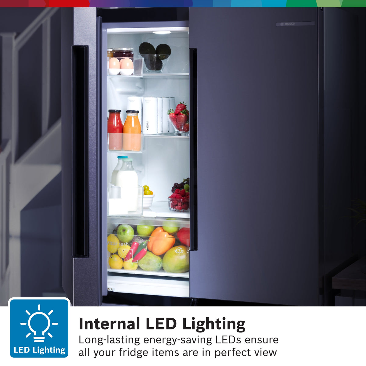 Bosch XXL KFN96VPEAG 4 door fridge freezer internal LED lighting with food inside