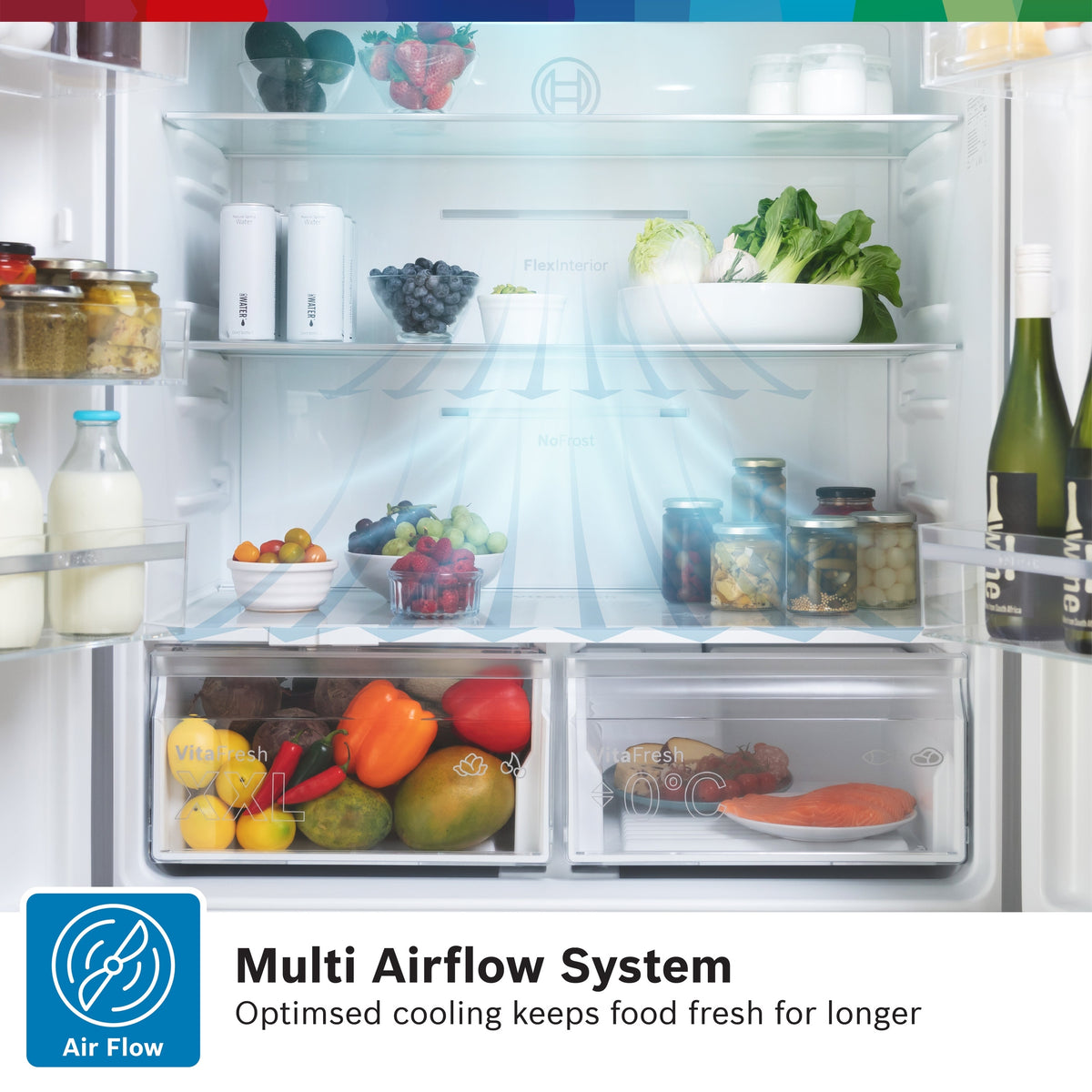 Bosch XXL KFN96VPEAG 4 door fridge freezer multi airflow system graphic with food inside