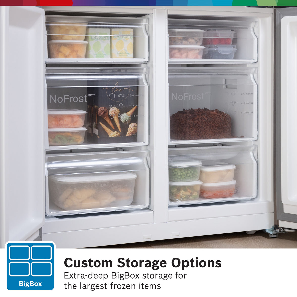 Bosch XXL KFN96VPEAG 4 door fridge freezer freezer storage with food containers