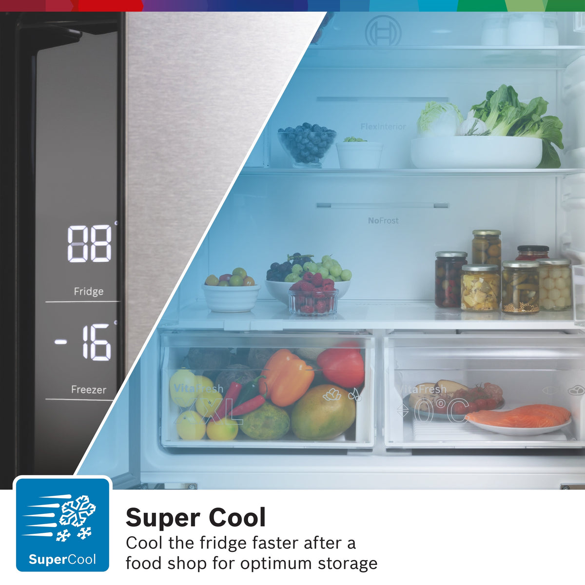 Bosch XXL KFN96VPEAG 4 door fridge freezer super cool function graphic with food inside