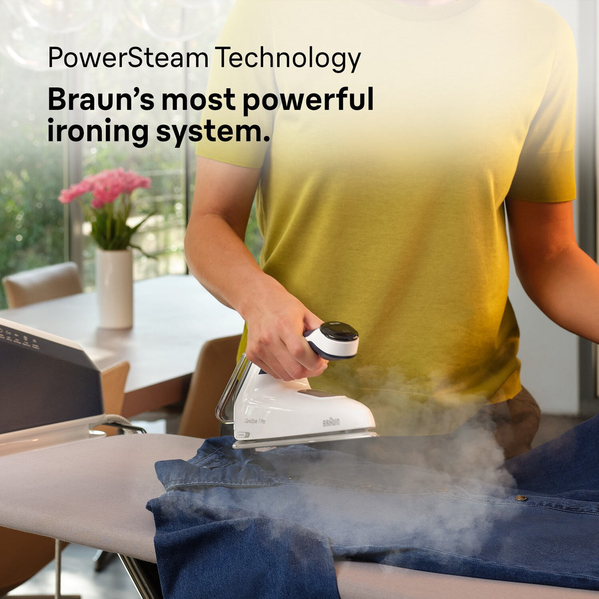 Braun CareStyle 7 Pro Steam Generator Iron - Blue - PowerSteam ironing in use