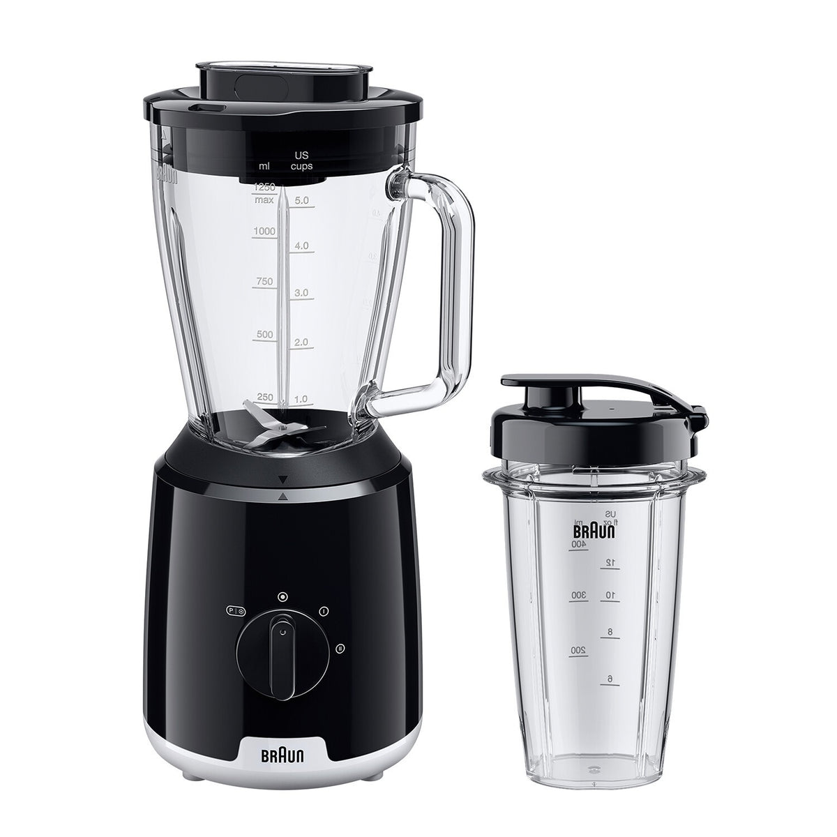 Braun PowerBlend 1 Jug Blender - Black - front view with Smoothie2Go bottle