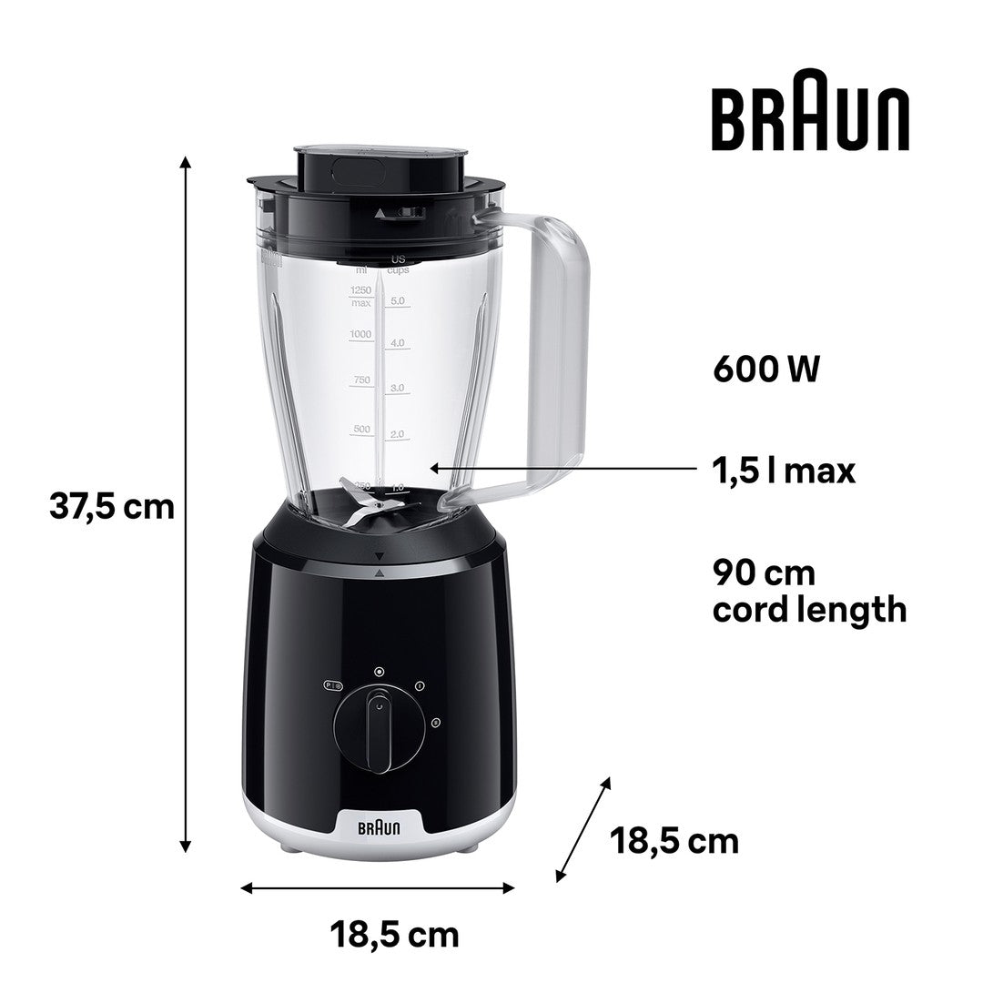 Braun PowerBlend 1 Jug Blender - Black - dimensions - 600W, 1.5L jug