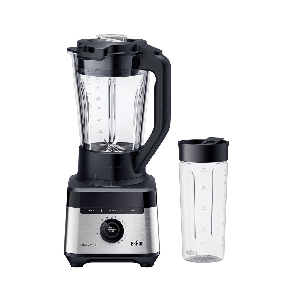 Braun PowerBlend 7 Jug Blender - Black - front view with Smoothie2Go bottle