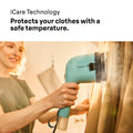 Braun QuickStyle 3 Garment Steamer - Green - iCare Technology, steaming fabric with the brush attached