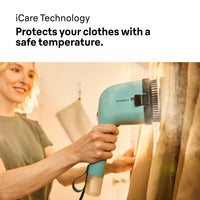 Braun QuickStyle 3 Garment Steamer - Green - iCare Technology, steaming fabric with the brush attached