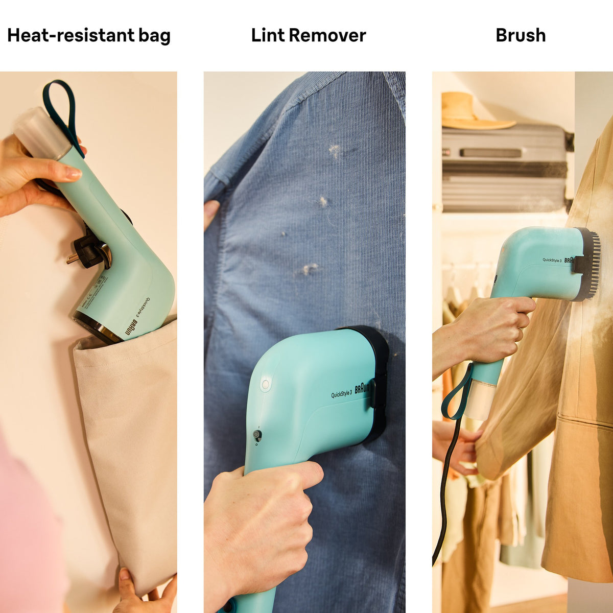 Braun QuickStyle 3 Garment Steamer - Green - heat-resistant bag, lint remover and brush shown in use