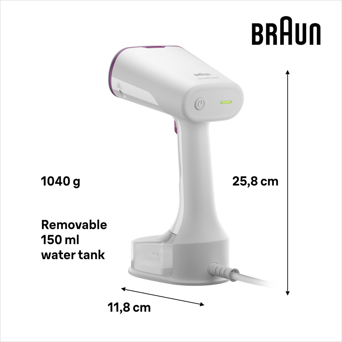 Braun QuickStyle 5 Garment Steamer - White/Purple - dimensions and 150ml removable water tank