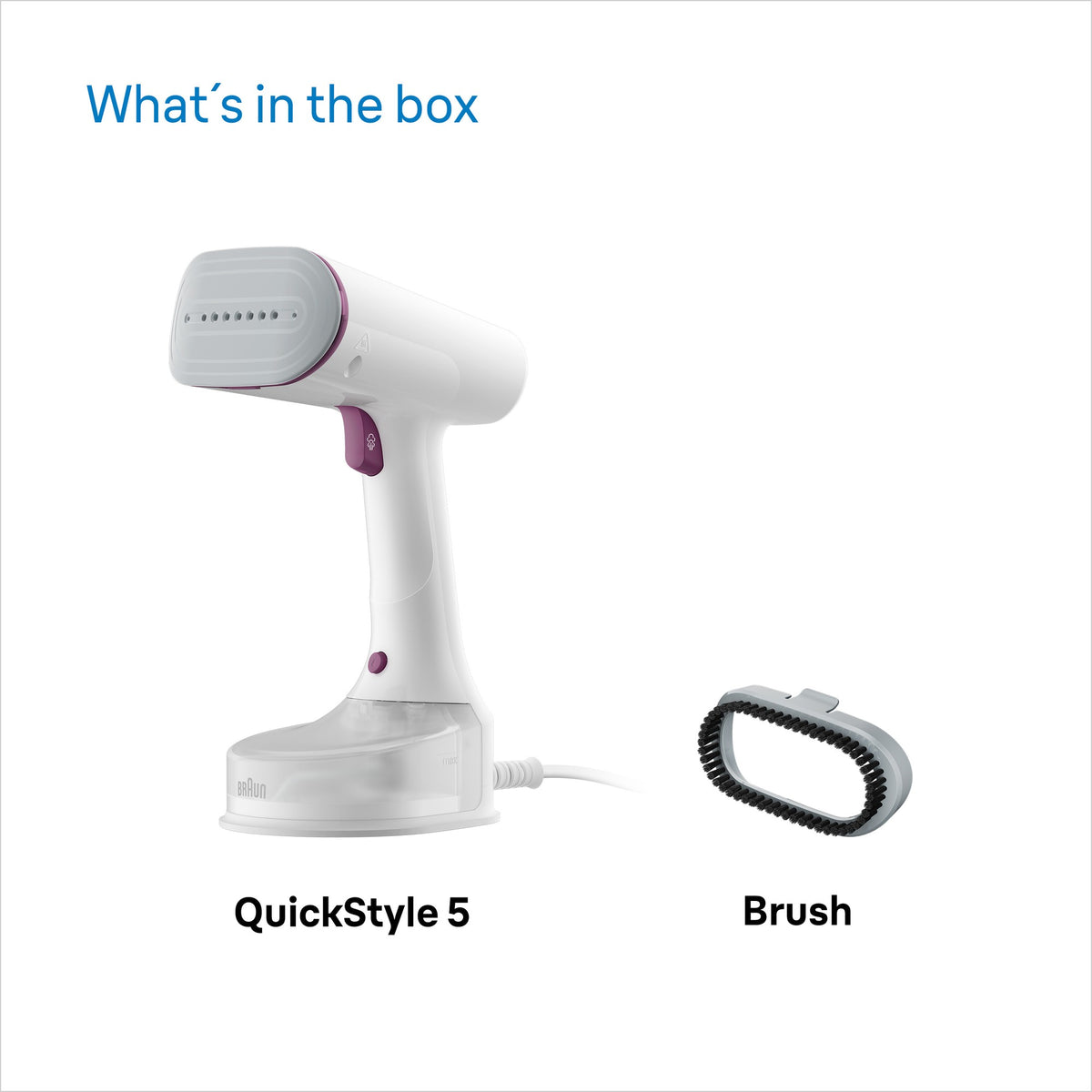 Braun QuickStyle 5 Garment Steamer - White/Purple - what's in the box