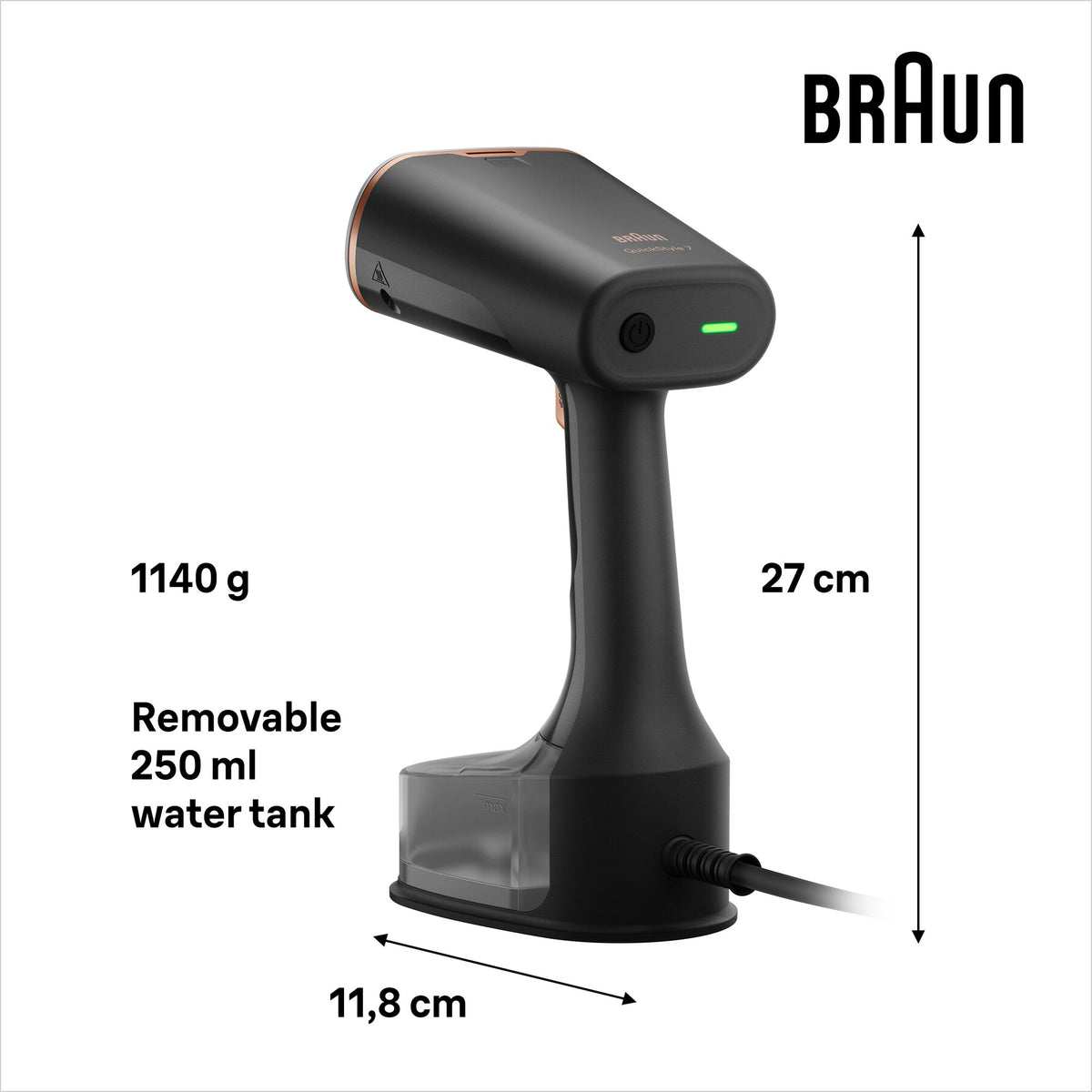Braun QuickStyle 7 Garment Steamer - Black/Copper - dimensions and 250ml removable water tank