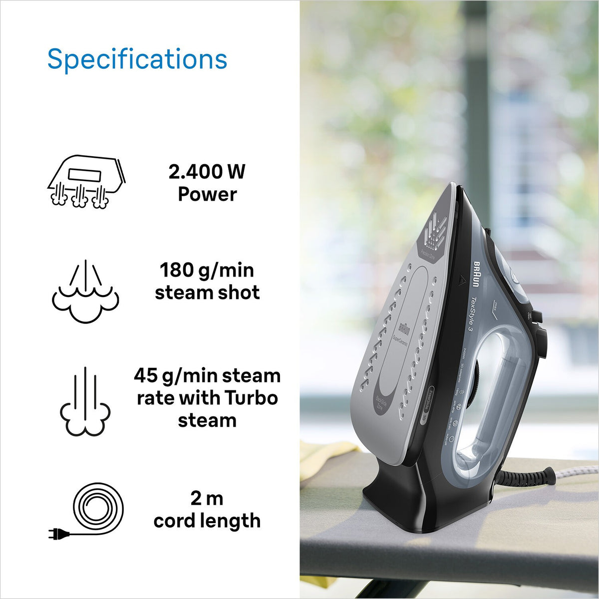 Braun TexStyle 3 Steam Iron - Black - specifications - 2400W, 180g/min steam shot