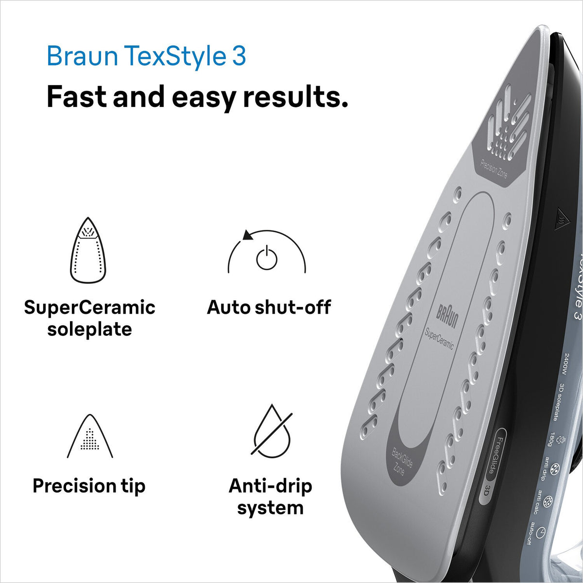 Braun TexStyle 3 Steam Iron - Black - SuperCeramic soleplate, auto shut-off and anti-drip