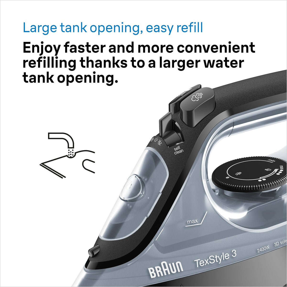 Braun TexStyle 3 Steam Iron - Black - large tank opening for easy refill