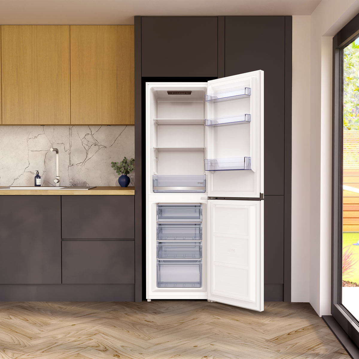 Beko 257L 60/40 Fridge Freezer with Large Salad Crisper - White - in a kitchen