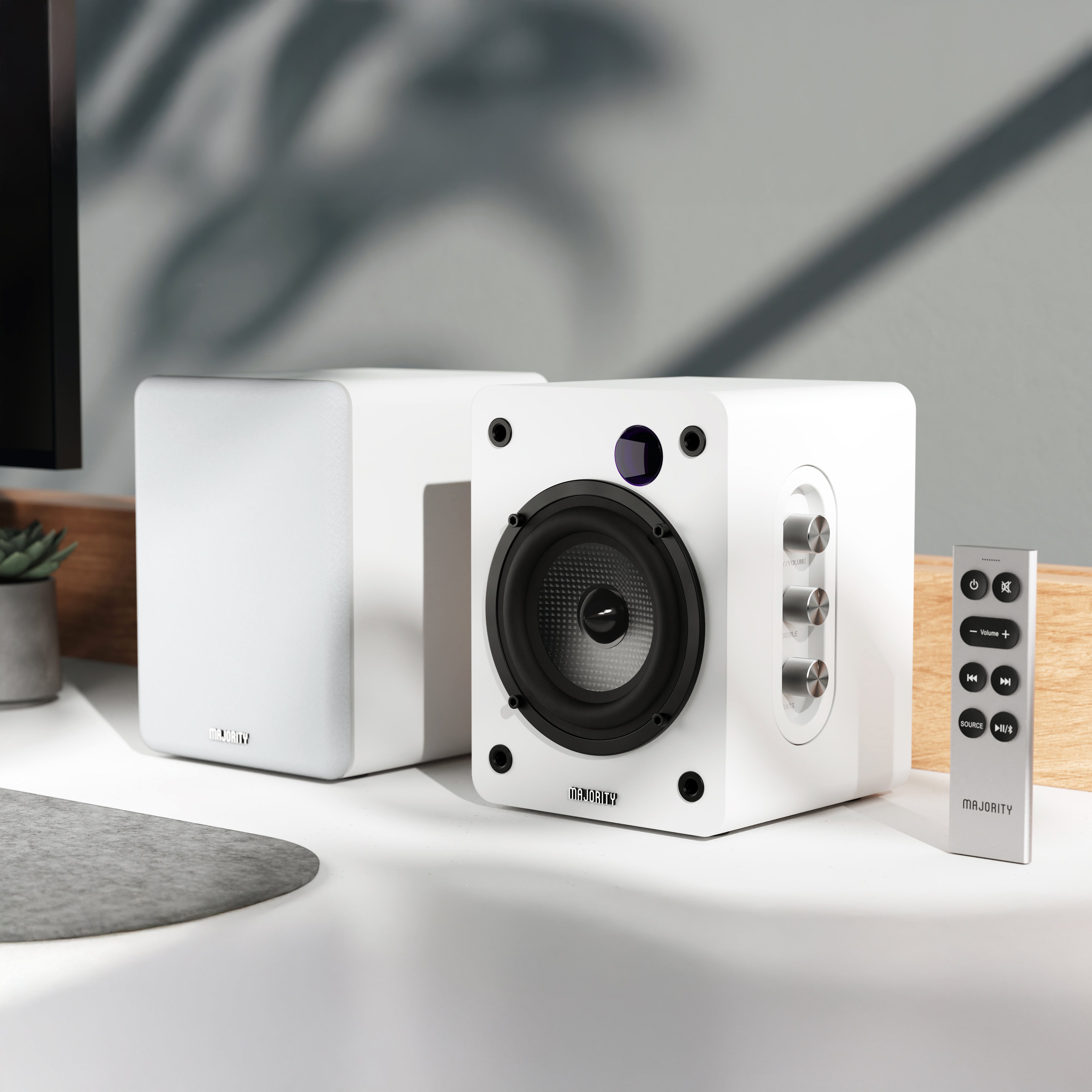 Majority D50X Powered Bookshelf Speakers, White - official product image