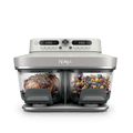 Ninja Crispi DualZone Glass Air Fryer in Bone with steak and roast vegetables in the two zones