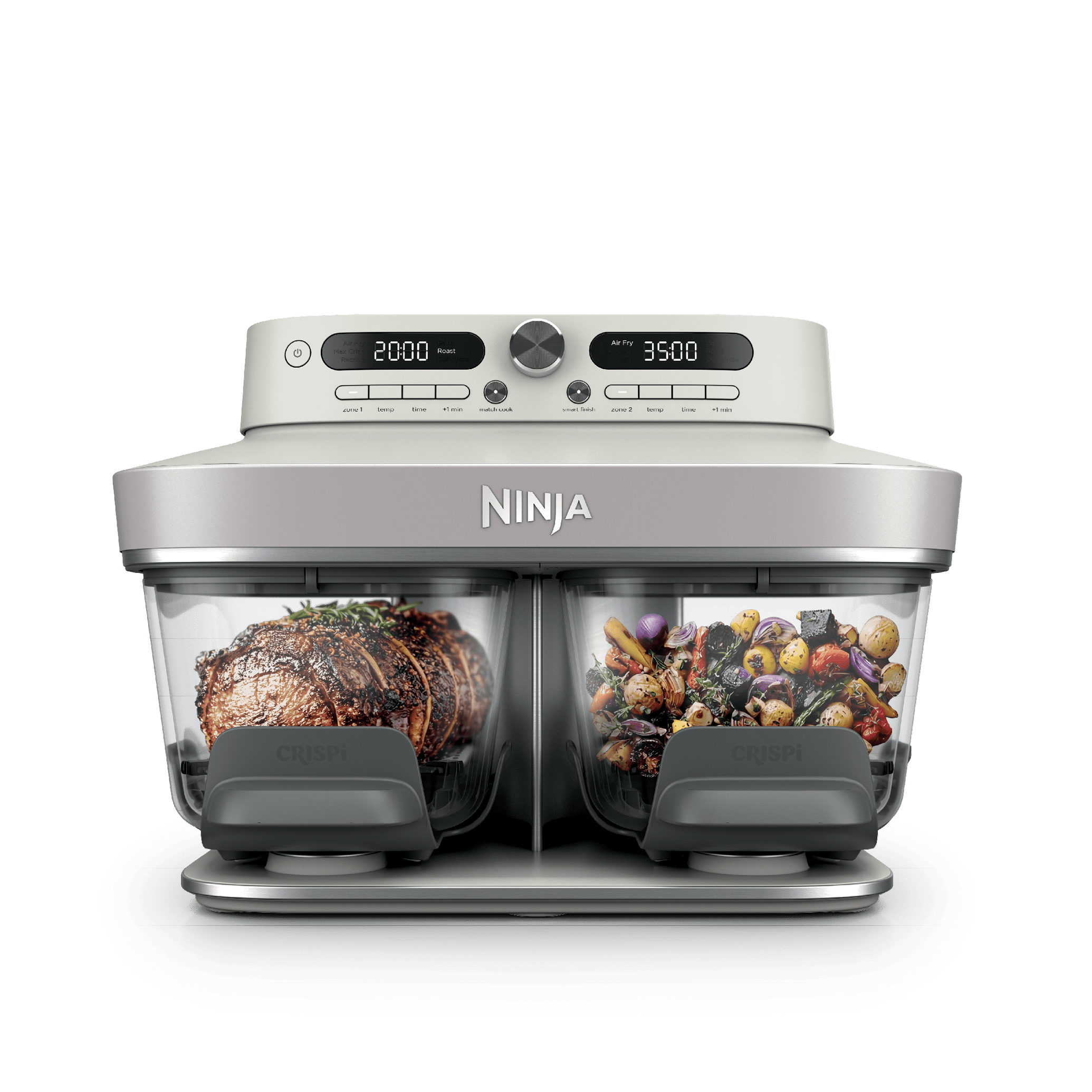 Ninja Crispi DualZone Glass Air Fryer in Bone with steak and roast vegetables in the two zones