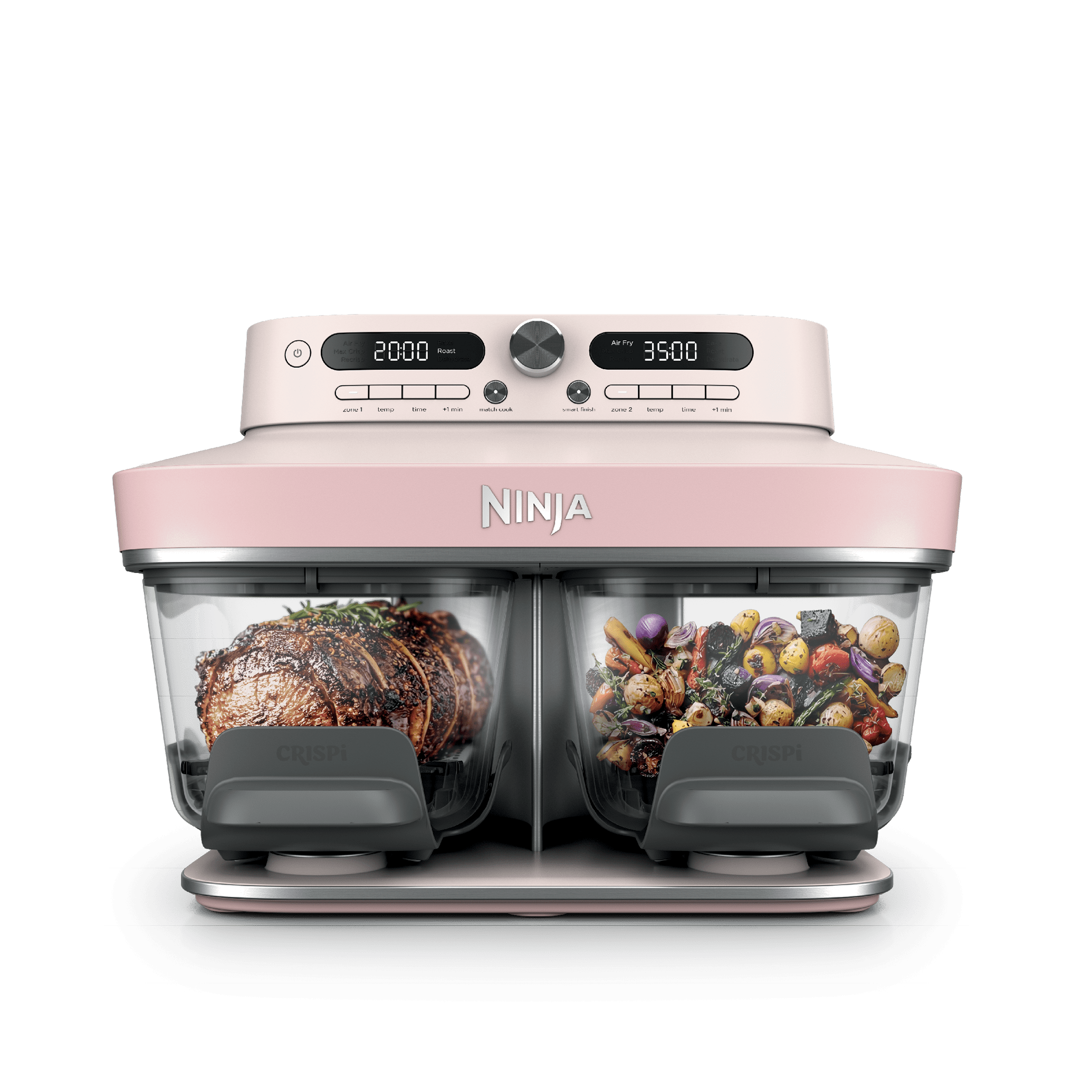 Ninja Crispi DualZone Glass Air Fryer in Rose Quartz with steak and roast vegetables in the two zones