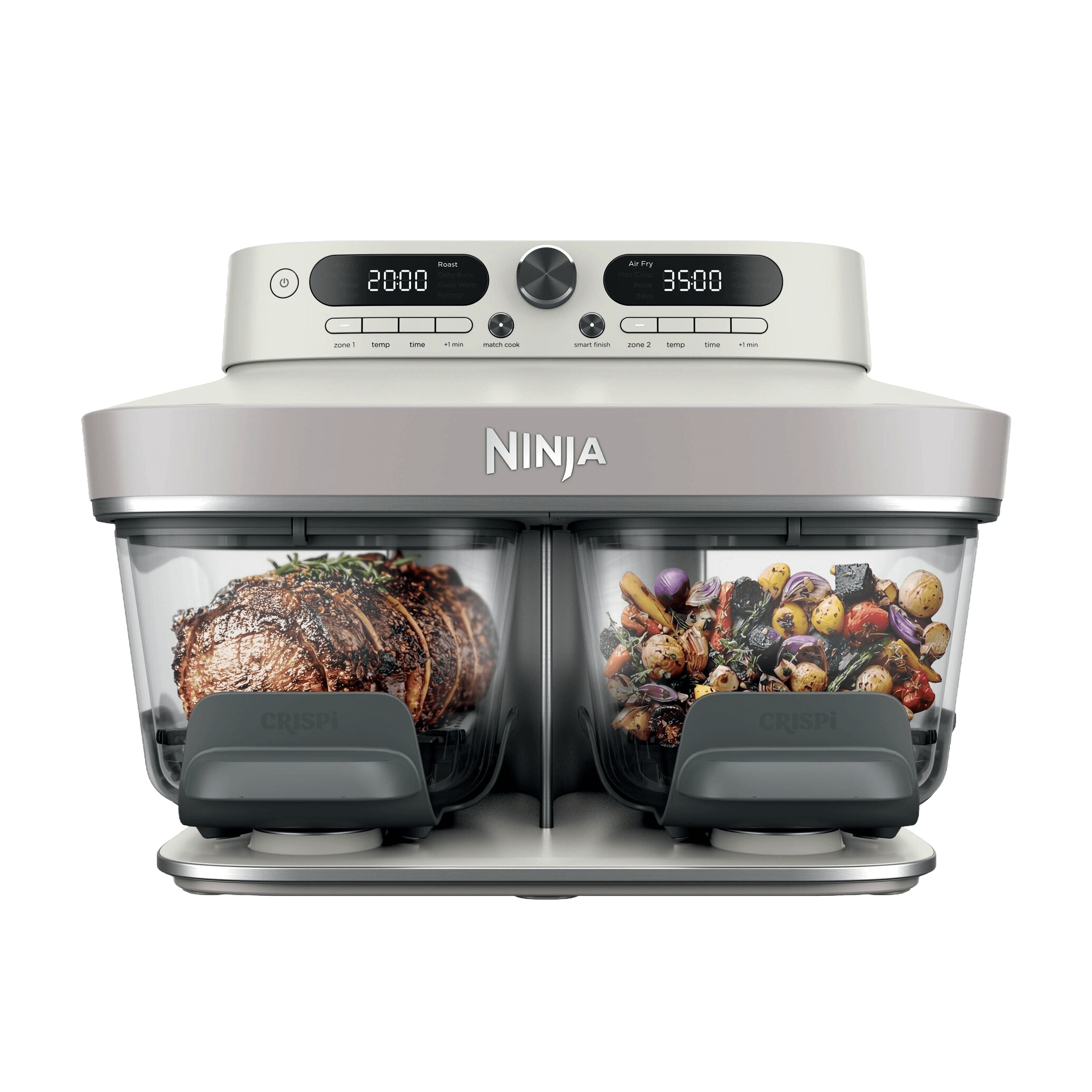 Ninja CRISPi DualZone glass air fryer in Bone — front view, twin pods open