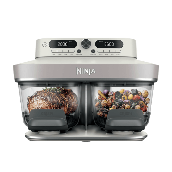 Ninja CRISPi DualZone glass air fryer in Bone — front view, twin pods open