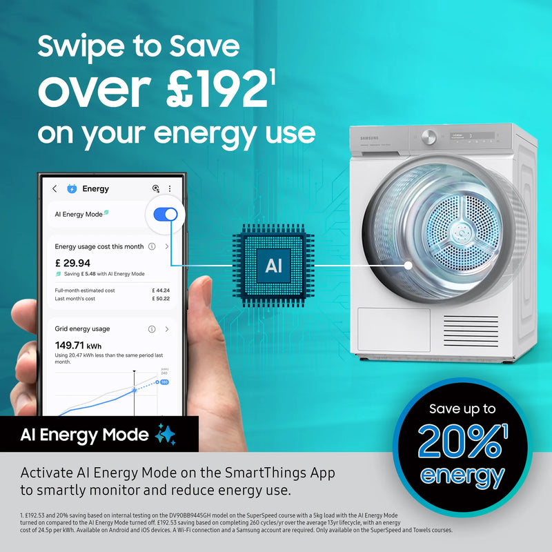 Samsung Series 5 AI Energy 9kg Heat Pump Tumble Dryer White| DV90DG52A0AEEU Samsung Tumble Dryer Euronics Ireland