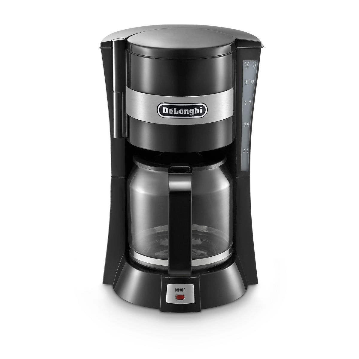 De'Longhi ICM Series Filter Coffee Maker - Black - front view with glass carafe