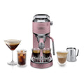 De'Longhi Dedica Duo Espresso Machine - Pink - front view with espresso and cold brew drinks