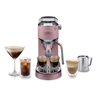 De'Longhi Dedica Duo Espresso Machine - Pink - front view with espresso and cold brew drinks