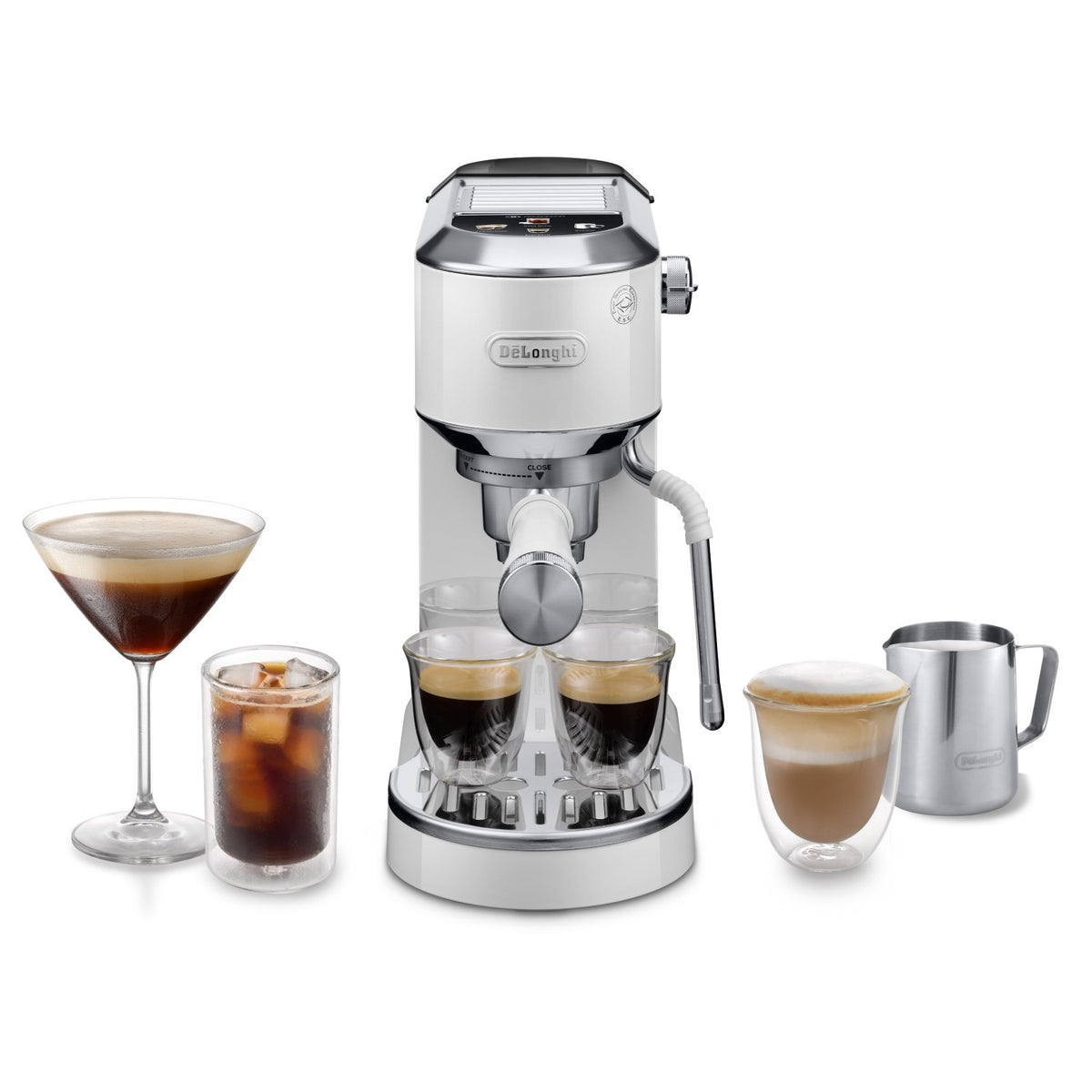 De'Longhi Dedica Duo - White - front view with espresso martini and cold brew