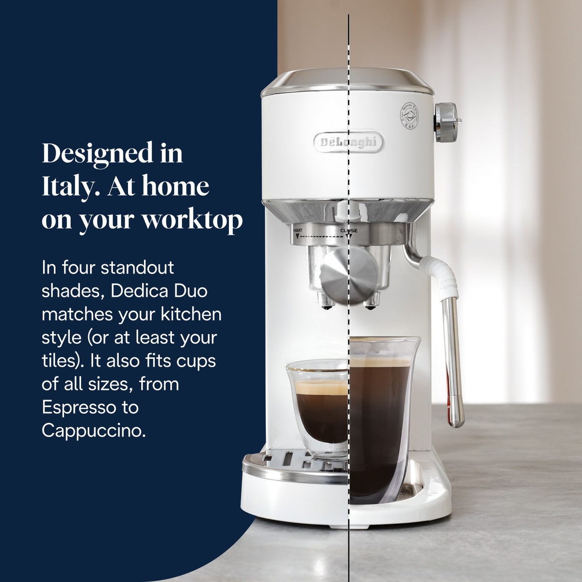 De'Longhi Dedica Duo - White - designed in Italy, fits all cup sizes