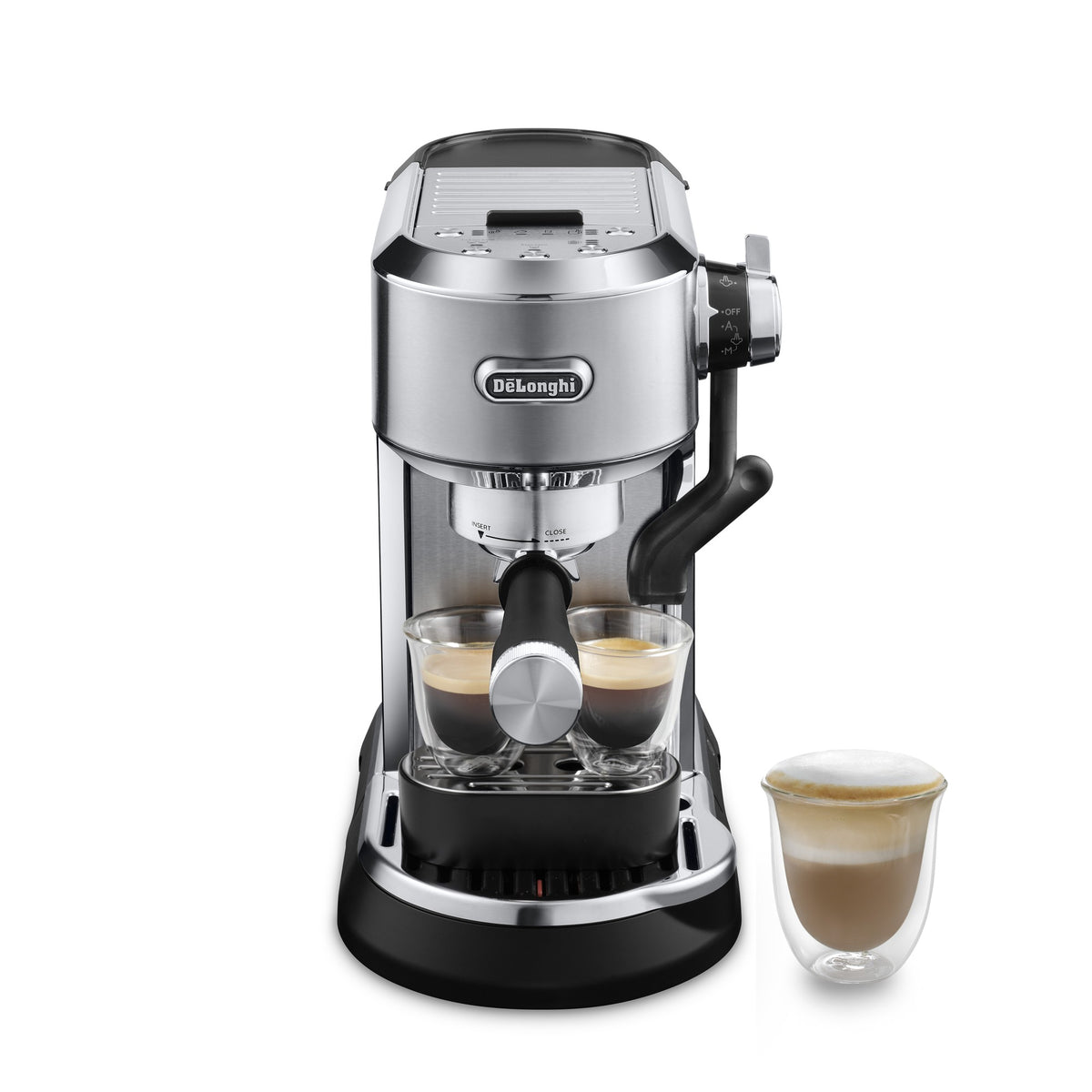 De'Longhi Dedica Maestro Plus - Stainless Steel - front view with cappuccino
