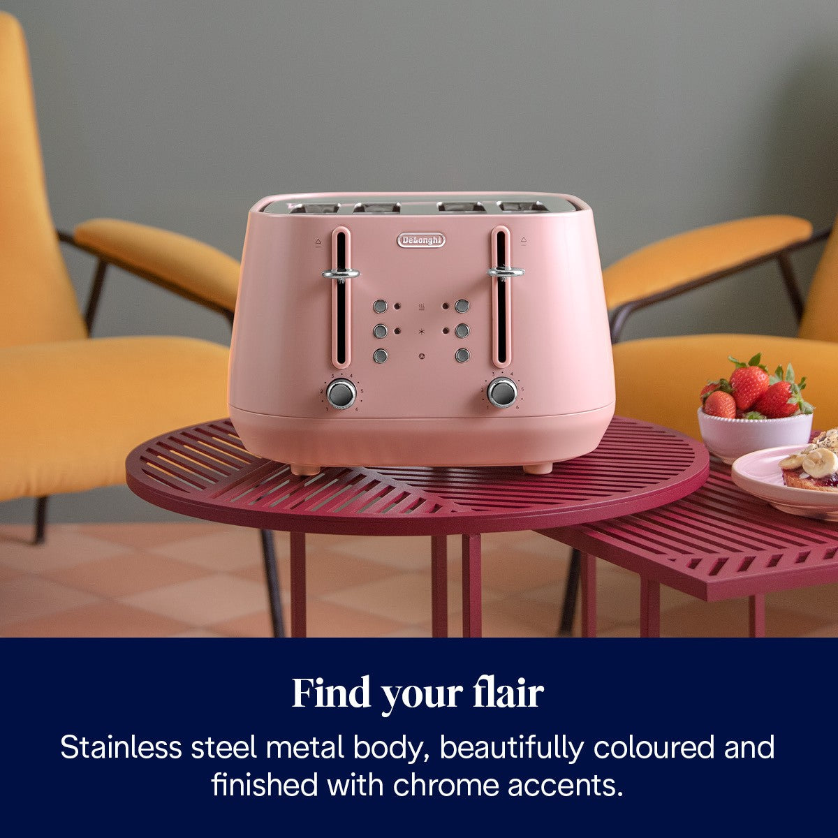 De'Longhi Eclettica 4-Slice Toaster - Pink - stainless steel body with chrome accents
