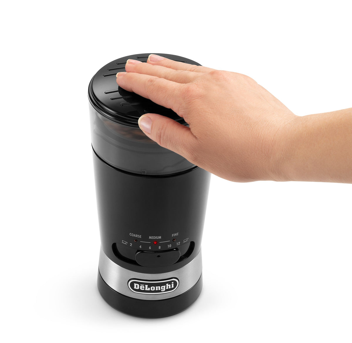 De'Longhi Electric Coffee Grinder - Black - press-to-grind lid operation