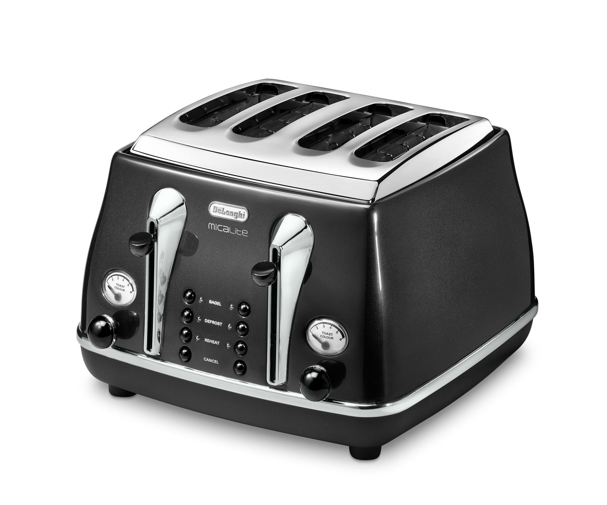 De'Longhi Icona Micalite 4-Slice Toaster - Black - angled view with 4 slots