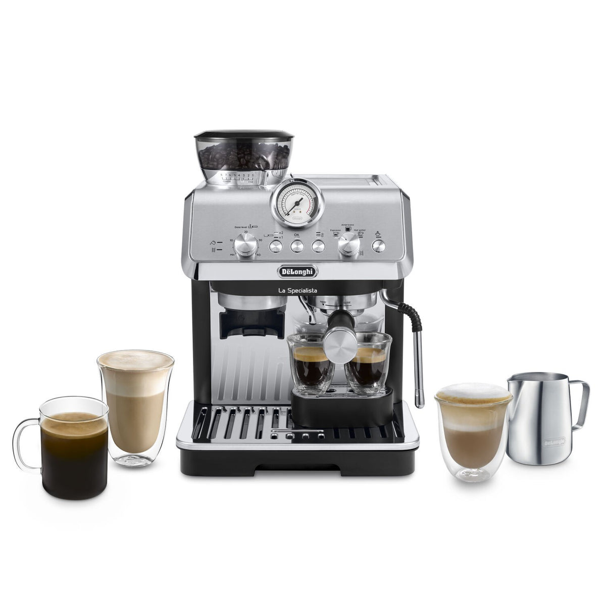 De'Longhi La Specialista Arte - Stainless Steel - front view with espresso and cappuccino