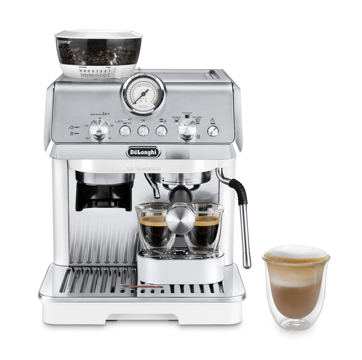 De'Longhi La Specialista Arte Espresso Machine - White - front view with espresso cup