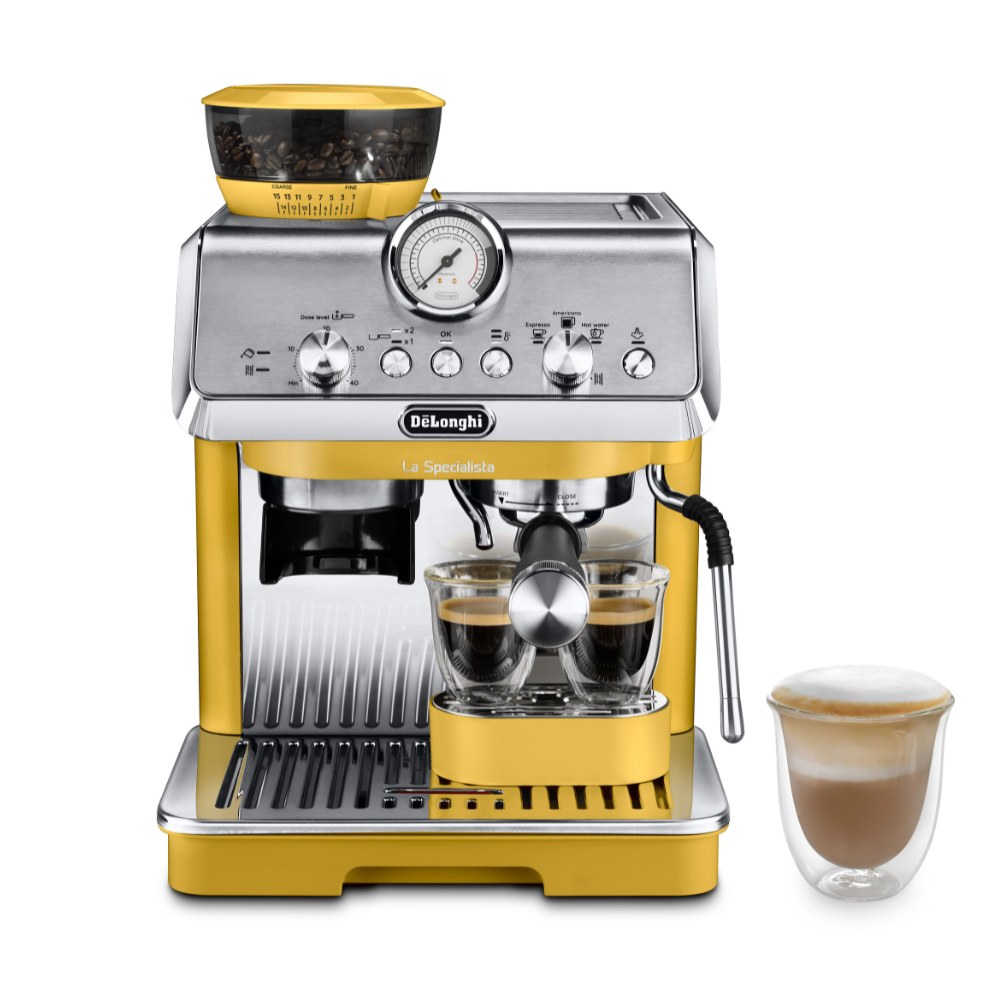 De'Longhi La Specialista Arte Espresso Machine - Yellow - front view with espresso cup