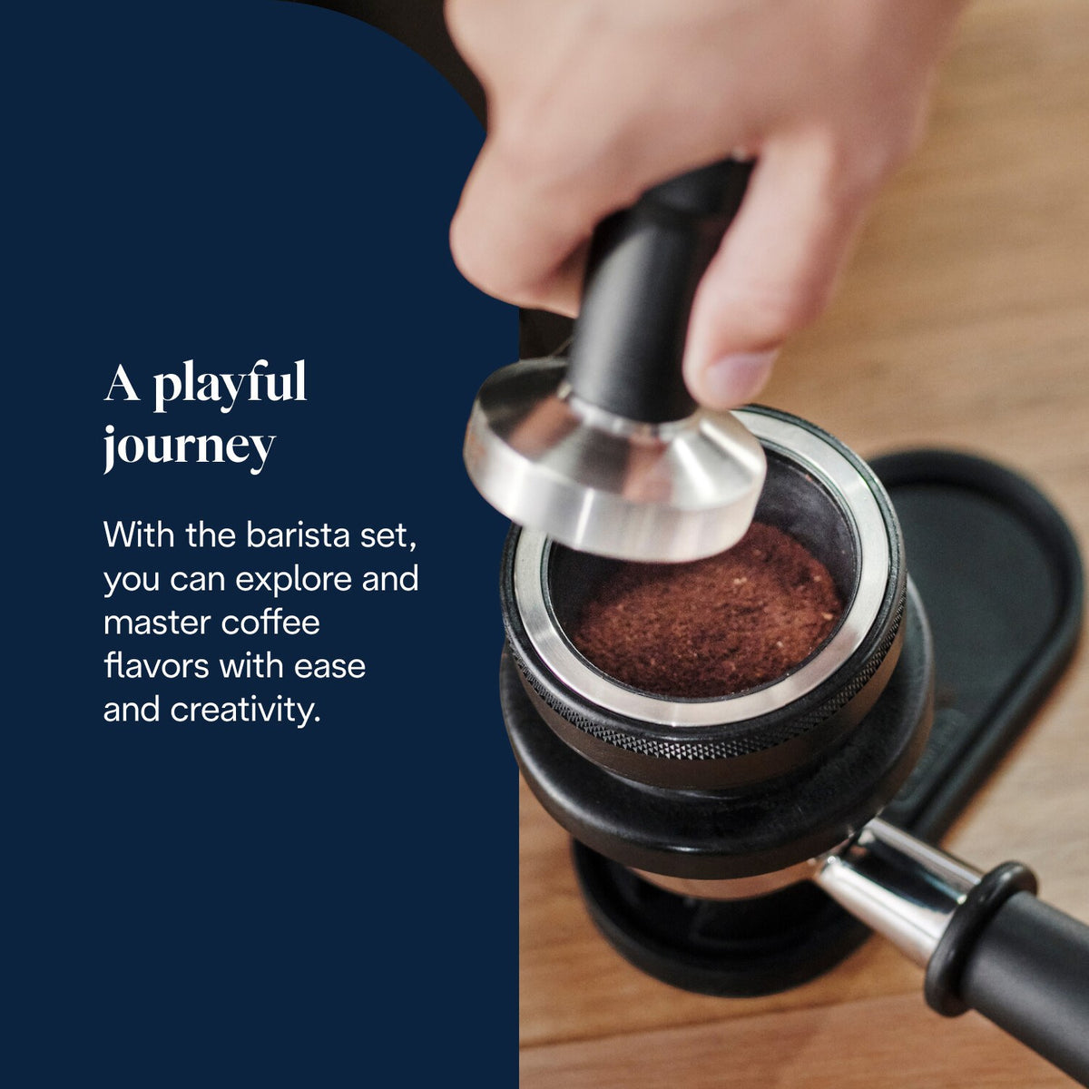 De'Longhi La Specialista Arte Espresso Machine - Yellow - tamping with the barista kit