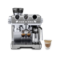 De'Longhi La Specialista Maestro Espresso Machine - Silver - front view with milk carafe
