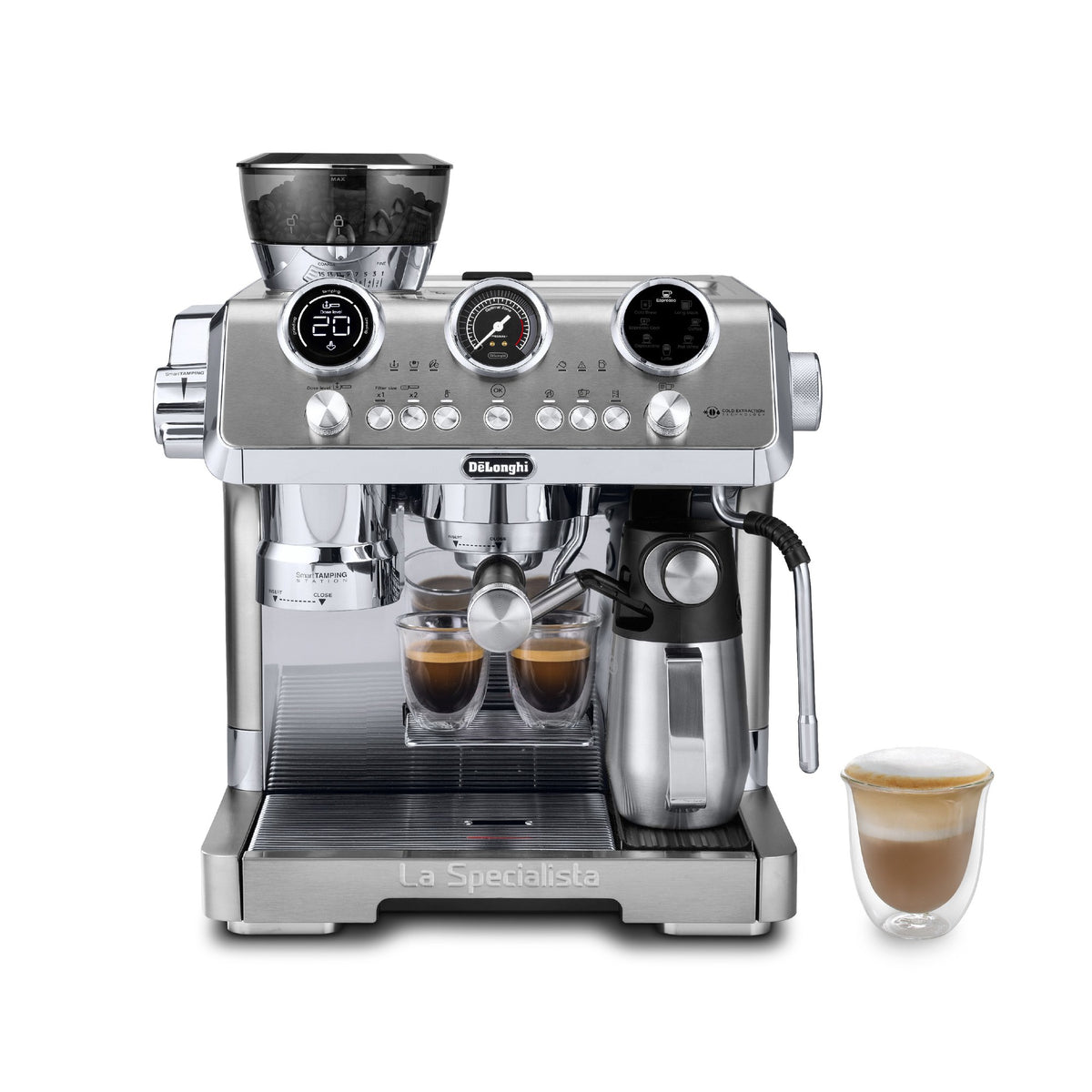 De'Longhi La Specialista Maestro Espresso Machine - Silver - front view with milk carafe